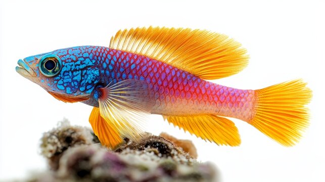 Side view of a colorful wrasse isolated on a white  271 fish, goldfish, aquarium, gold, isolated, water, animal, pet, sea, underwater, white, tropical, nature, orange, fin, pets, animals, ocean, carp,