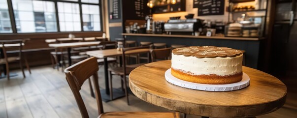 A cozy cafe with wooden furniture and a warm atmosphere, a cake with a rustic icing design, rustic cafe, warm atmosphere, cake display