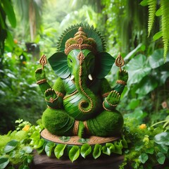 Lord Ganesh - Ganesha Idol Surrounded by Natural Green Leaves