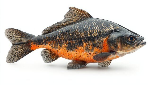 Side view of a fierce piranha isolated on a white   279 fish, isolated, food, fresh, white, animal, raw, fishing, seafood, carp, trout, fin, catch, sea, healthy, tail, freshwater, nature, crucian, bre