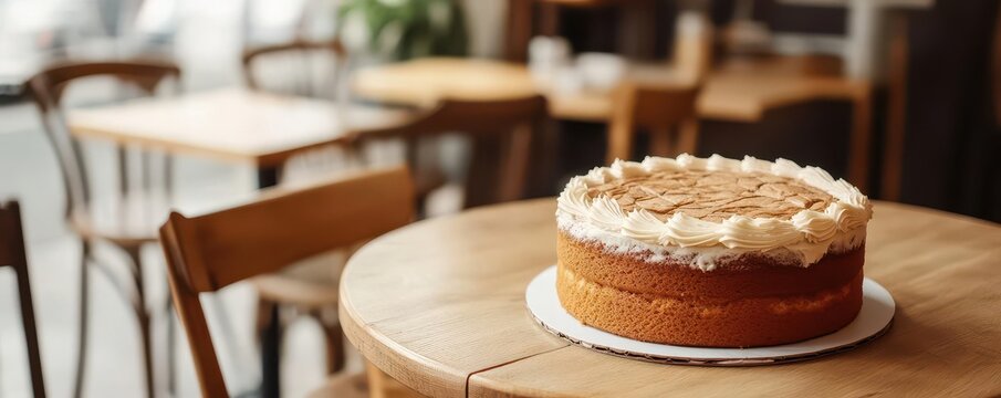 A cozy cafe with wooden furniture and a warm atmosphere, a cake with a rustic icing design, rustic cafe, warm atmosphere, cake display