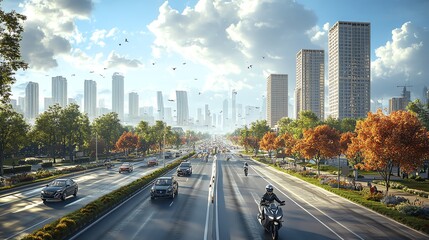 Obraz premium Artistic rendering of a cityscape with dedicated motorcycle lanes, designed to improve mobility and safety on crowded roads Motorcycle Roads Mobility, Dedicated lanes