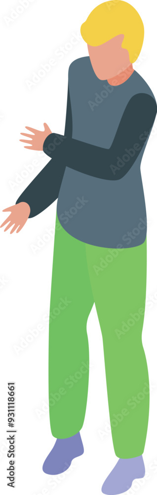 Poster young man is standing and making gestures with his hands as if explaining something