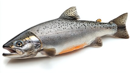 Obraz premium Side view of a silvery salmon isolated on a white 153 fish, food, isolated, fresh, trout, white, raw, seafood, fishing, sea, animal, salmon, healthy, catch, fin, white background, silver, freshwater