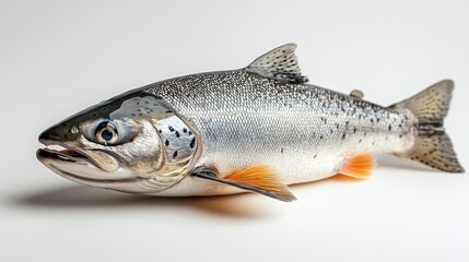 Fototapeta premium Side view of a silvery salmon isolated on a white 201 fish, food, isolated, fresh, white, raw, seafood, trout, fishing, animal, sea, healthy, fin, catch, bream, head, salmon, tail, meat, white backg