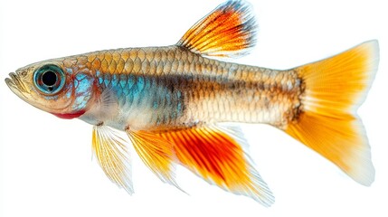 Fototapeta premium Side view of a small guppy with colorful fins isol 173 fish, goldfish, isolated, animal, aquarium, gold, carp, white, water, pet, fin, nature, tail, food, orange, crucian, underwater, fishing, white 