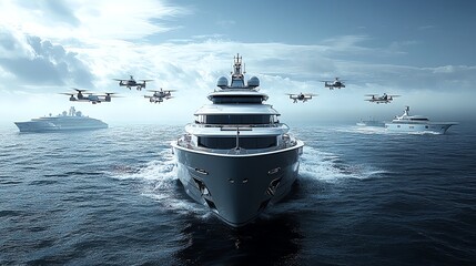 Artistic visualization of a vessel with a deployable drone fleet for connecting with airborne aerospace assets