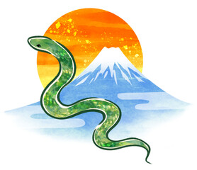 水彩風に描いた巳年のヘビと富士山の年賀状素材