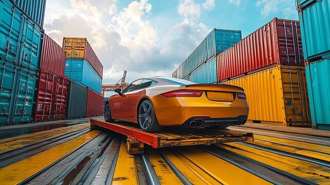 Car being unloaded from a shipping container, marking the end of its international journey and arrival at its new home Car Shipping Journey, Arrival and unloading
