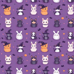 Seamless Halloween Pattern with Cute Animals in Witch Hats on Purple Background
