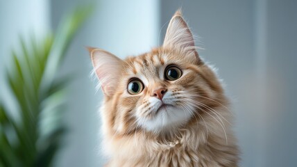 Obraz premium Fluffy cat with wide eyes and twitching whiskers, surprised expression.