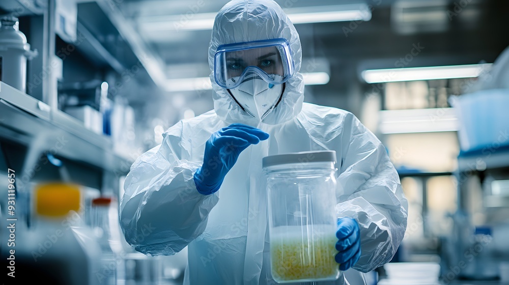 Poster 6. a scientist in protective gear handling a container of hazardous material in a lab