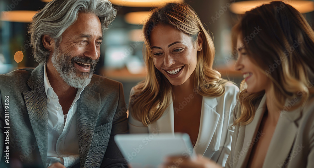 Poster a real estate professional sharing property insights on a digital tablet with smiling clients in a c