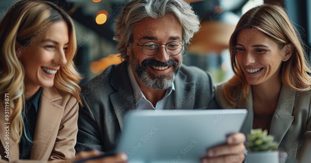 Poster a real estate professional sharing property insights on a digital tablet with smiling clients in a c