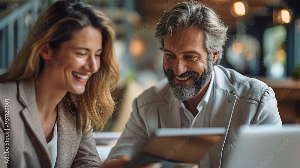 Poster A real estate professional sharing property insights on a digital tablet with smiling clients in a comfortable office setting, portraying collaboration and successful transactions. Generative AI.