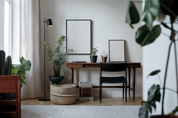 Two blank vertical din A poster frames in light grey room interior design. Frame mockups on a white wall, scandinavian style home office room, wooden working table, black floor lamp, potted plants