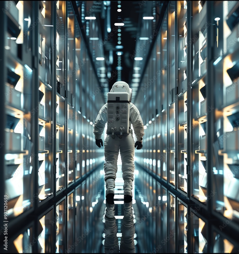 Aufkleber Rear view, Astronaut searching for files in massive document lockers. Generative AI.