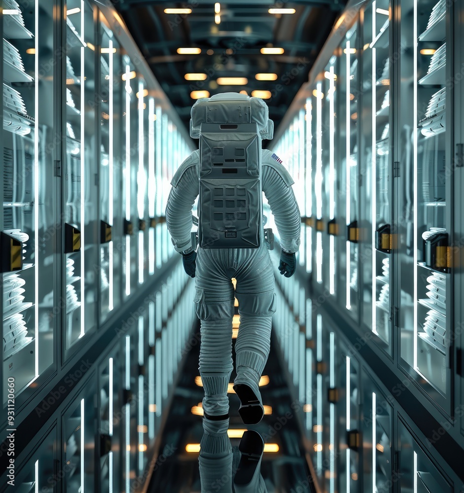 Aufkleber rear view, astronaut searching for files in massive document lockers. generative ai.