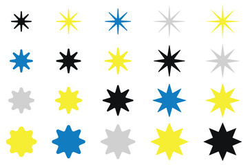 Star icon. Abstract Twinkle Sparkle stars icons collection. Spark asterisk shapes set. Black silhouette. Starburst Bling magic shine effect. Simple retro style Element for card. EPS 10.