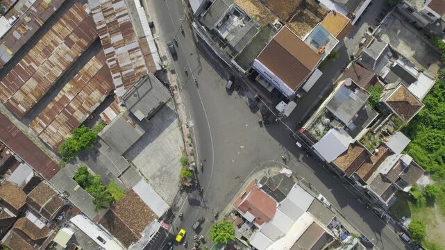 Aerial top-down view of the street in Jogyakarta district near the famous Malioboro street, on the Java island in Indonesia.