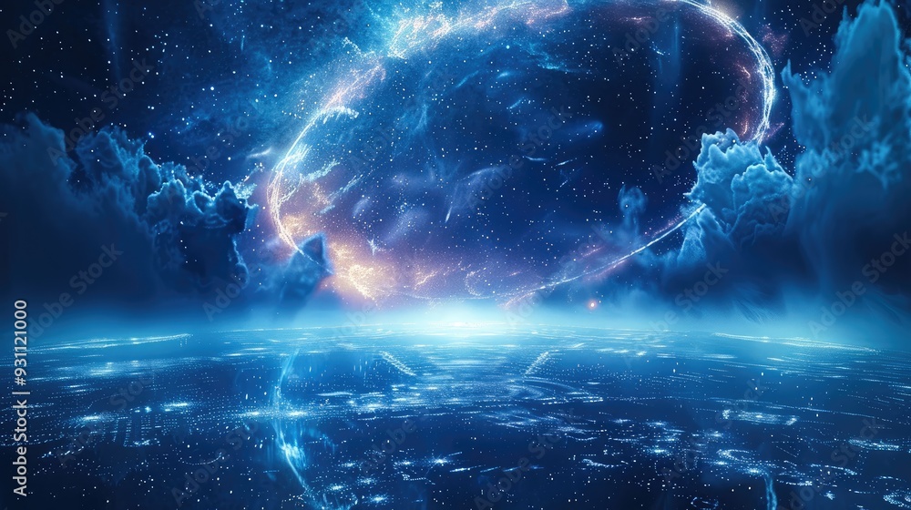 Poster a huge 3d space with a suspended halo in the center, transparent geometry and glowing particles floa