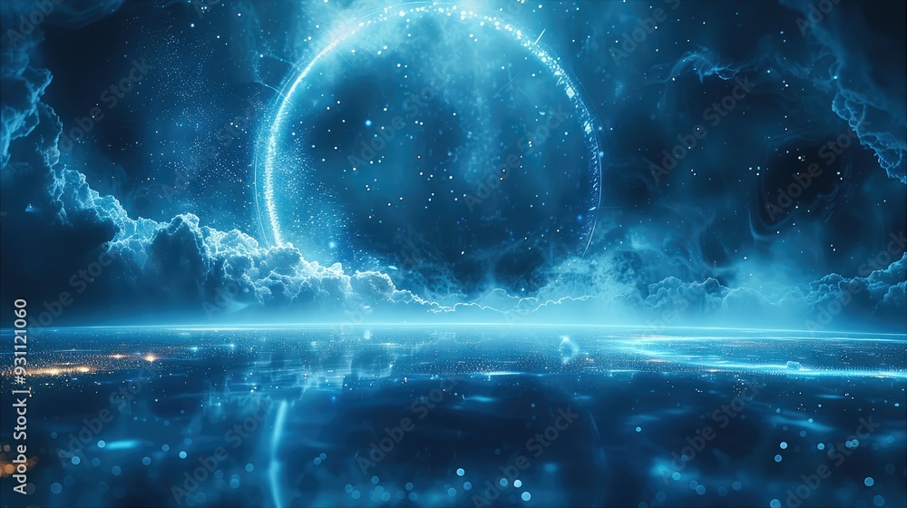Poster a huge 3d space with a suspended halo in the center, transparent geometry and glowing particles floa