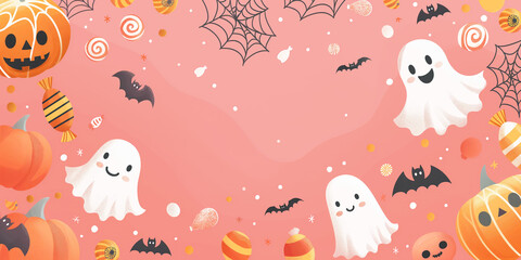Kawaii-style Halloween background, candy, webs, ghosts, pink backdrop
