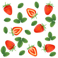 Seamless pattern with Strawberry with leaves on a white background. Vector illustration.