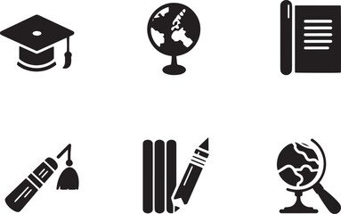  A simple vector icon set of education and school symbols, including a book, pencil, graduation cap, and globe