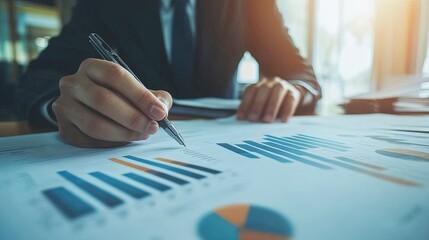 Businessman, finance analyst analyzing financial report, economic growth graph chart. Business strategy. planning and solution, finance and investment background. Generative ai