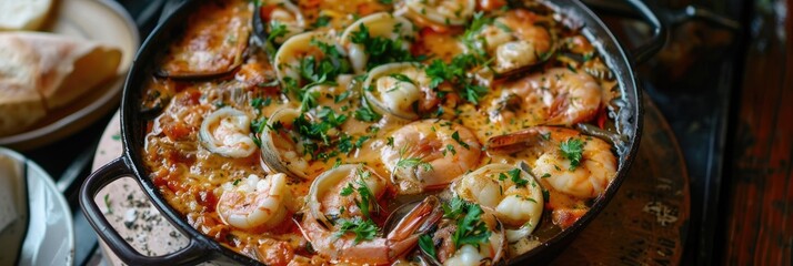 Baked seafood and cream stew in a traditional style.