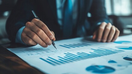 Businessman, finance analyst analyzing financial report, economic growth graph chart. Business strategy. planning and solution, finance and investment background. Generative ai