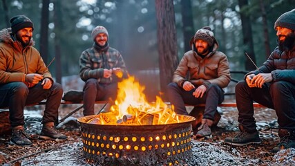 Gay lovers enjoy roasting marshmallows at a fire pit in their summer garden. - Powered by Adobe