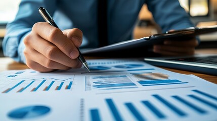 Businessman, finance analyst analyzing financial report, economic growth graph chart. Business strategy. planning and solution, finance and investment background. Generative ai