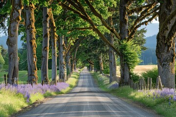 Naklejka premium Serene Country Road Lined With Trees and Wildflowers