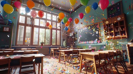 A joyful classroom is adorned with colorful streamers and balloons