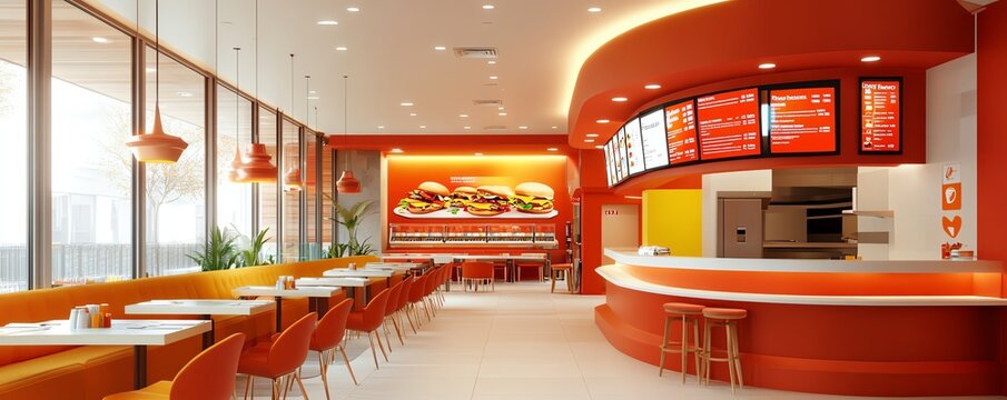 A bright and modern fast food restaurant interior with bold colors, digital menus, and seating for families, Fast food interior, contemporary design