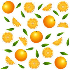 Seamless pattern with Orange fruit with leaves and slices isolated on white background. Vector illustration.