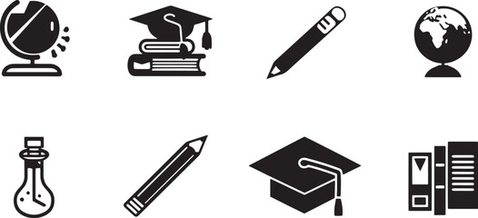  A simple vector icon set of education and school symbols, including a book, pencil, graduation cap, and globe