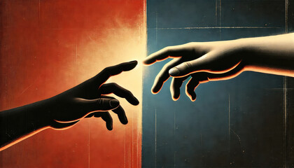 Digital illustration of two contrasting hands reaching out towards each other, symbolizing unity and connection.