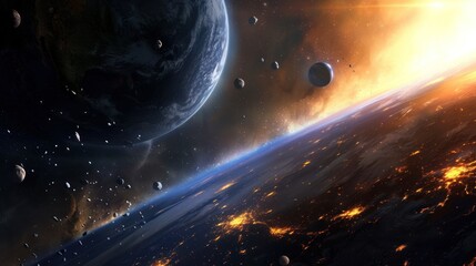 Obraz premium A fiery planet with a glowing sun and asteroids in space.
