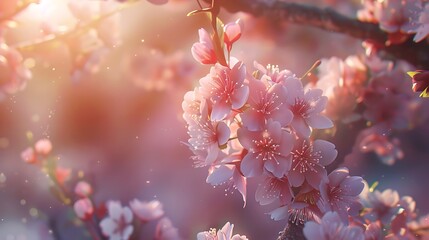 A close-up of delicate cherry blossoms in full bloom, with soft sunlight filtering through the petals. 8k