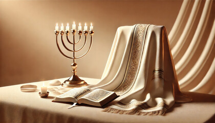Golden menorah with burning candles next to an open holy book and a tallit on a beige table with drapery in warm lighting.