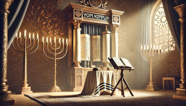 A serene synagogue interior featuring a Torah ark, menorahs, and a prayer book, illuminated by sunlight through stained glass, symbolizing Yom Kippur.