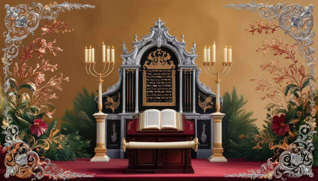 illustration of Yom Kippur, set against a warm. The central focus is a beautifully rendered Torah, adorned with silver accents and ornate designs