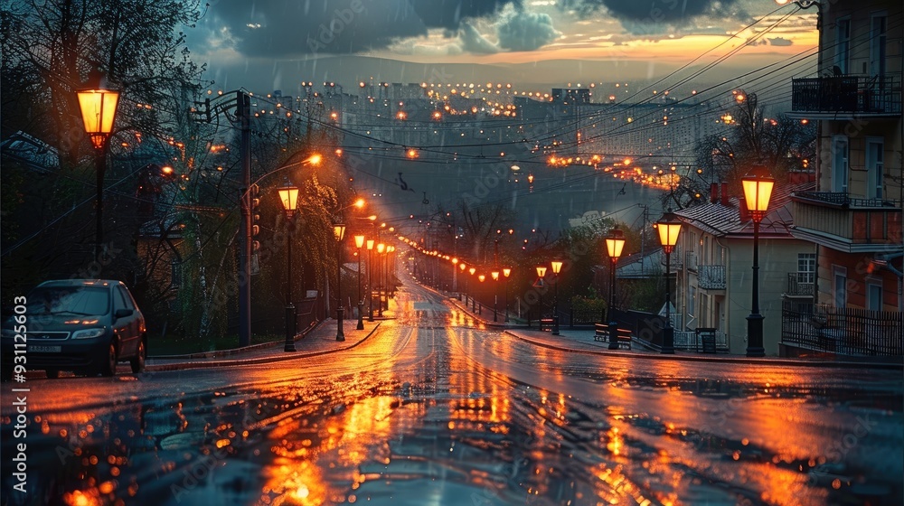 Poster a very beautiful image of an evening in the city. road. generative ai.