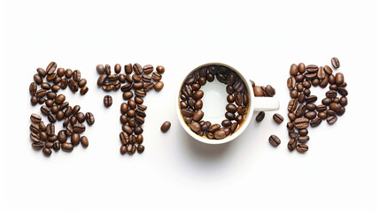 Coffee beans arranged to spell STOP food concept on white background dietary awareness message