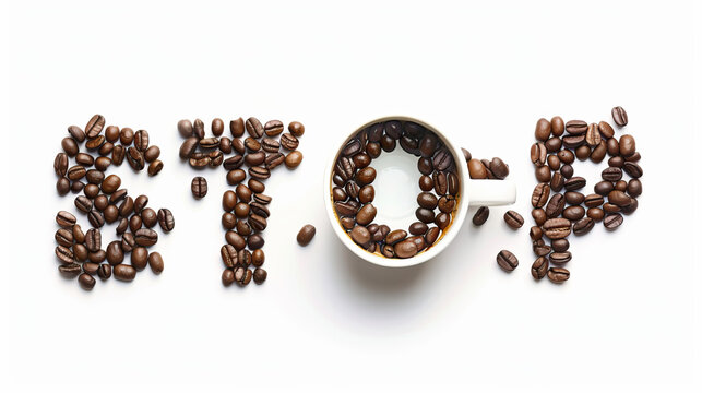 Coffee beans arranged to spell STOP food concept on white background dietary awareness message