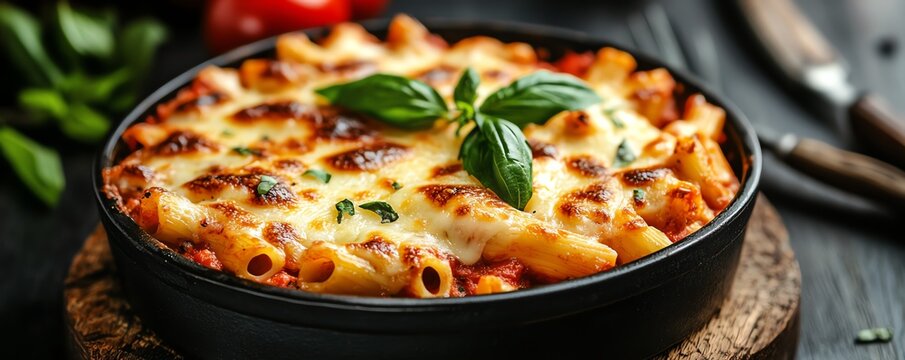 A dish of baked ziti with melted mozzarella and a rich tomato sauce, garnished with fresh basil, Comfort baked ziti, Italian classic