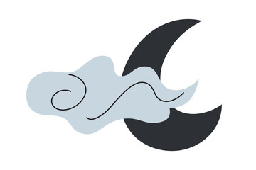 Obraz premium A simple and elegant vector illustration of a crescent moon covered by a swirling cloud. The flat, cartoon style design for Halloween parties, minimalistic elements, calm, magical nighttime scene